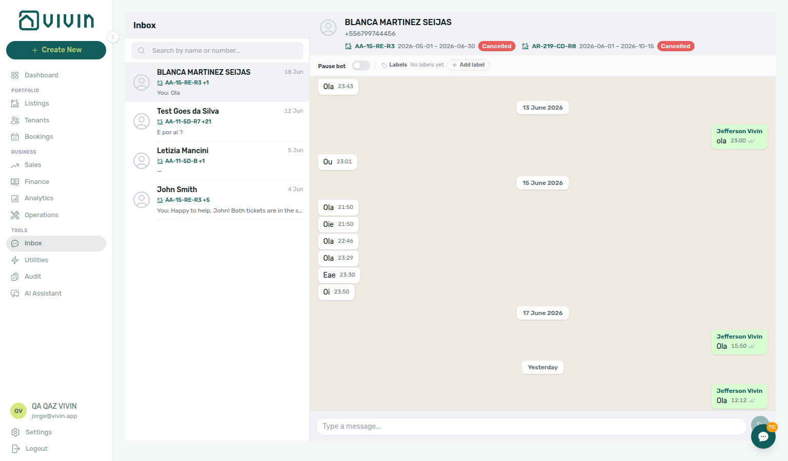 Inbox module — conversation list and thread composer for portfolio-wide WhatsApp triage