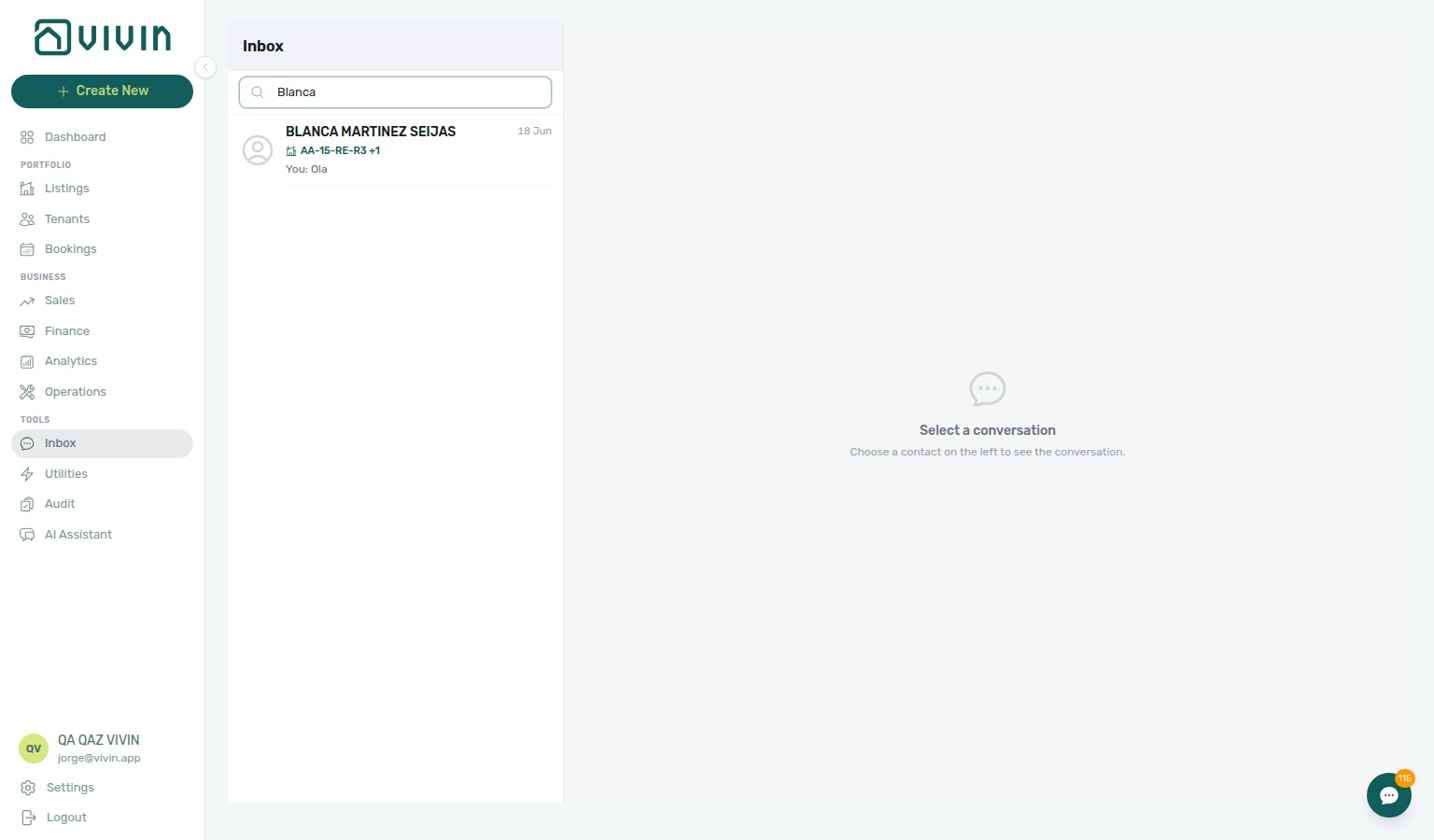 Inbox — search field filtering the conversation list (example: tenant name)