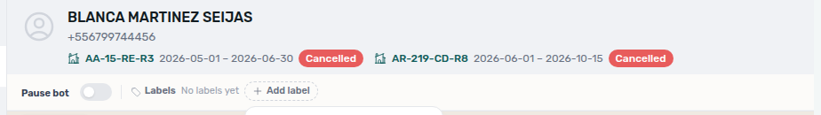 Inbox — thread header with tenant name, Labels row, Add label, and Pause bot toggle