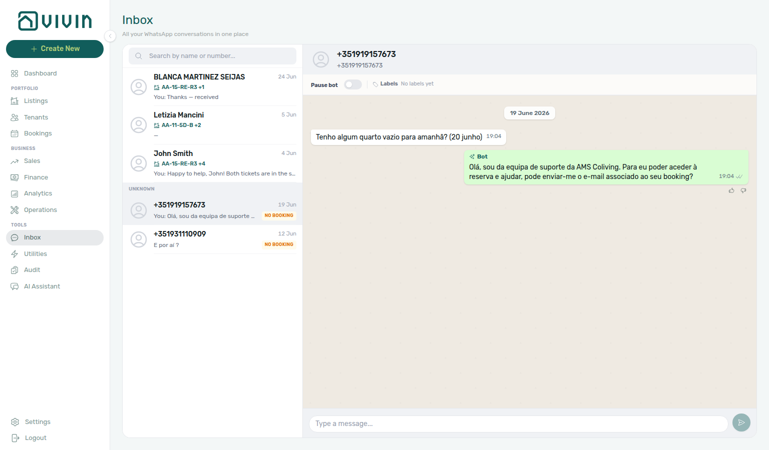 Inbox — Unknown section with amber No booking badges and an unknown phone thread open