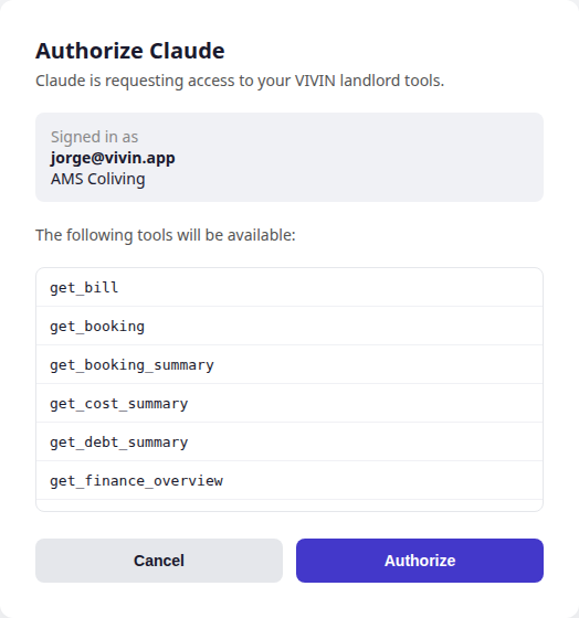 OAuth consent — signed-in landlord with allowed MCP tool list (Authorize / Cancel)