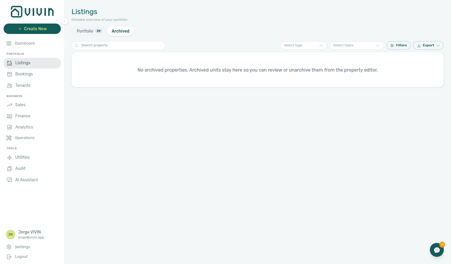 Listings — Archived tab with empty state and link to unarchive from the property editor