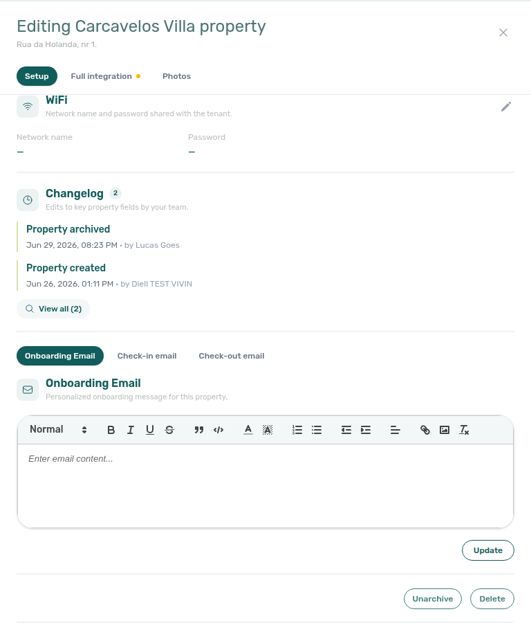 Listings — Archived property edit sidebar with Unarchive in the danger zone