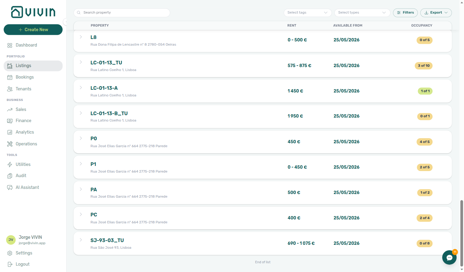 Listings — Portfolio table scrolled to the end with the End of list marker
