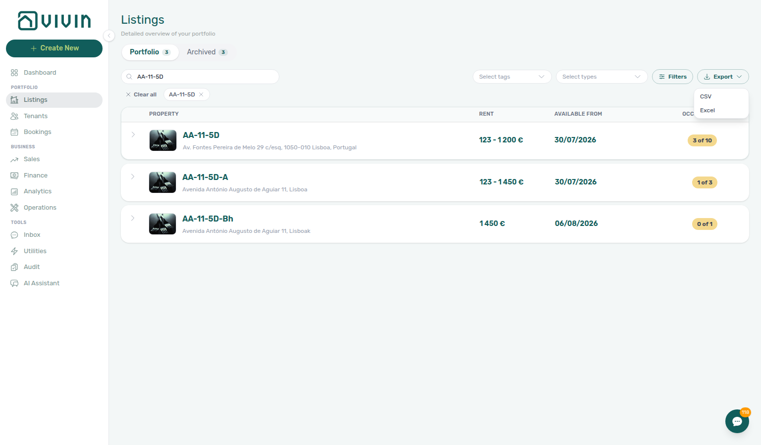 Listings — Portfolio toolbar with Export menu open (CSV and Excel)