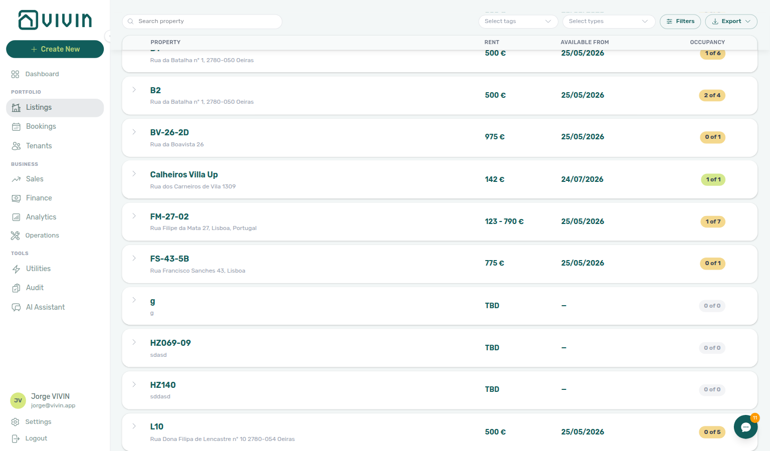 Listings — Portfolio table with skeleton rows loading the next page of properties