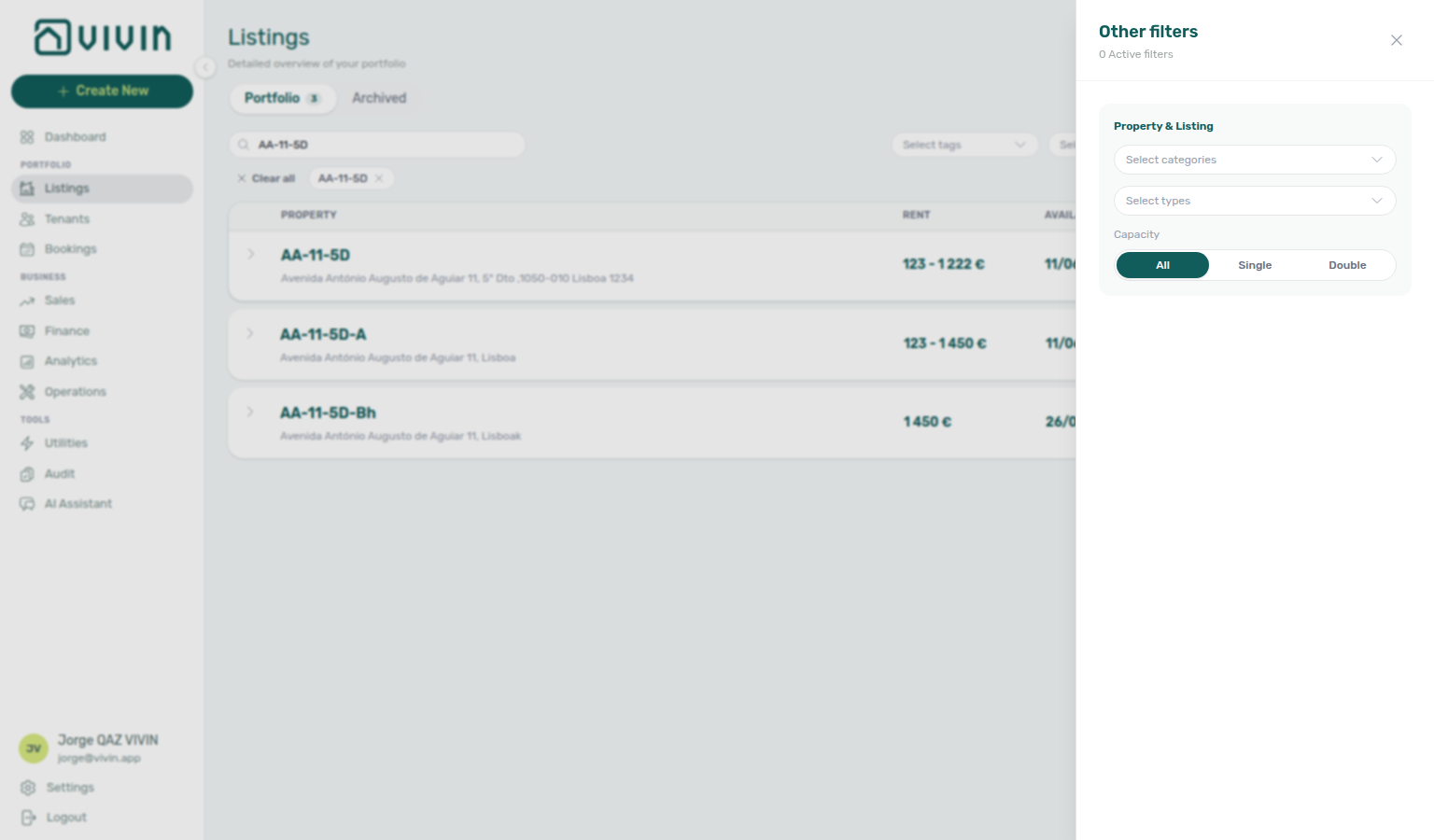 Listings — Other filters drawer with categories, types, and capacity pills