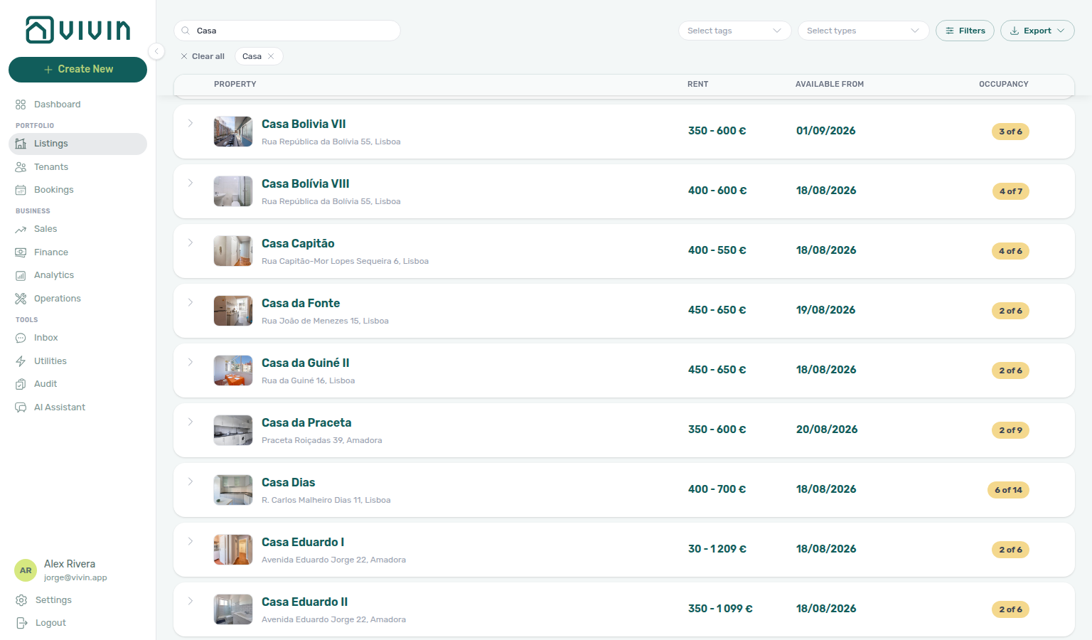 Listings — Portfolio search Casa, scrolled so Casa Dias is in view (not the first matching building)