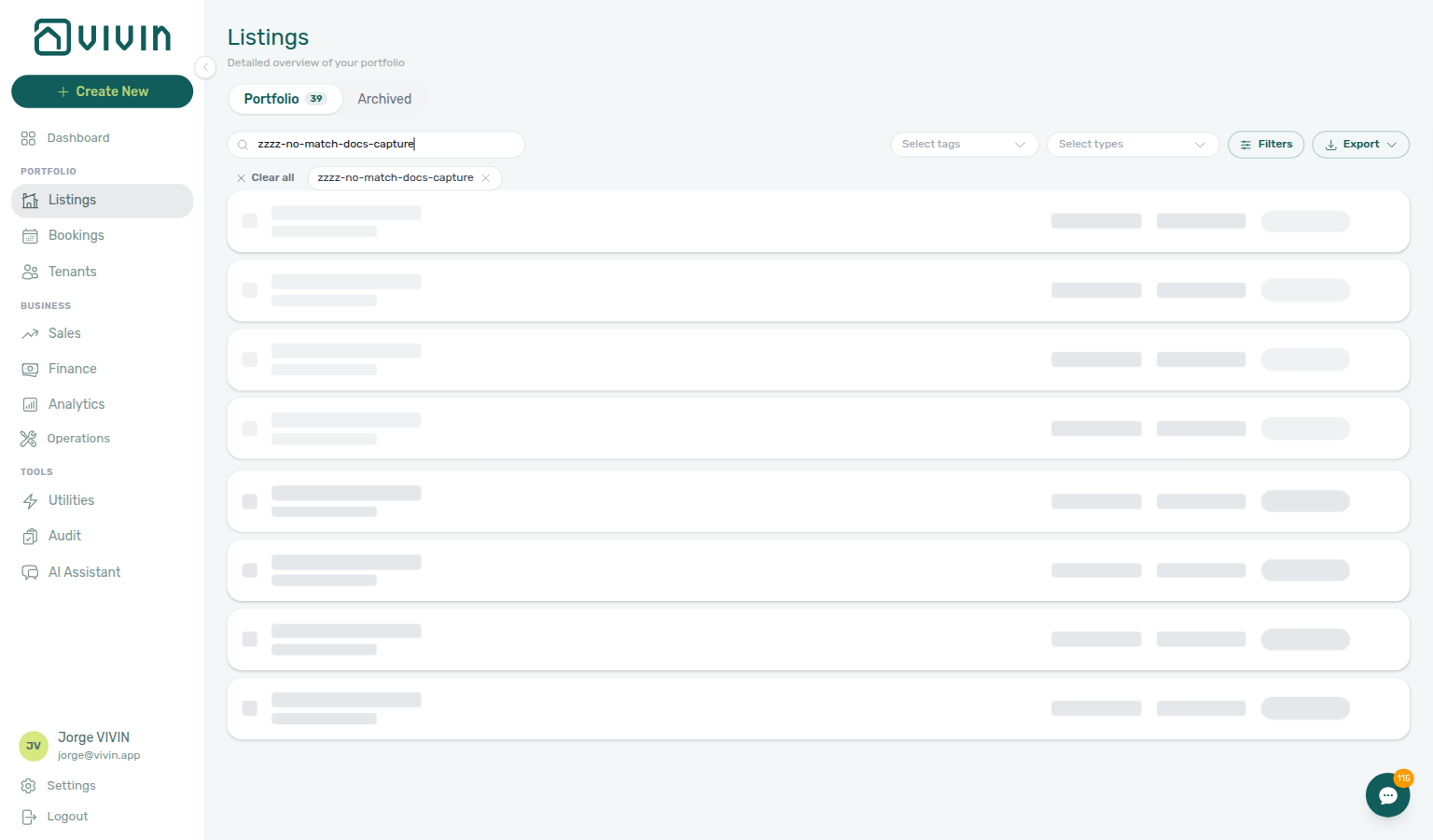 Listings — Portfolio table showing skeleton placeholders while a search refetch is in flight (active search chip visible)