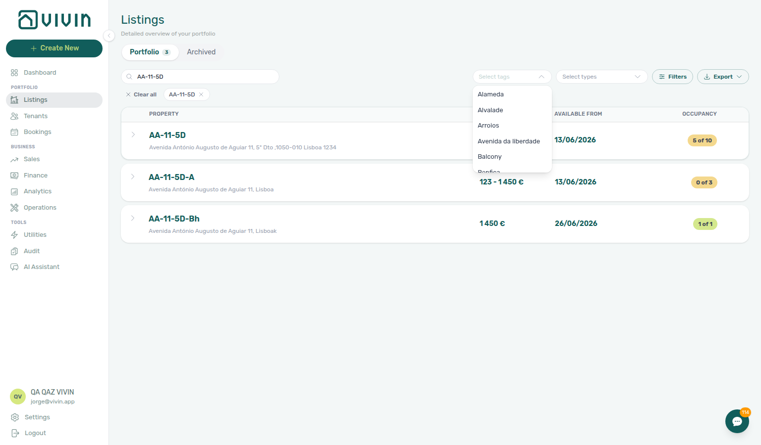 Listings — Select tags dropdown open on the portfolio toolbar