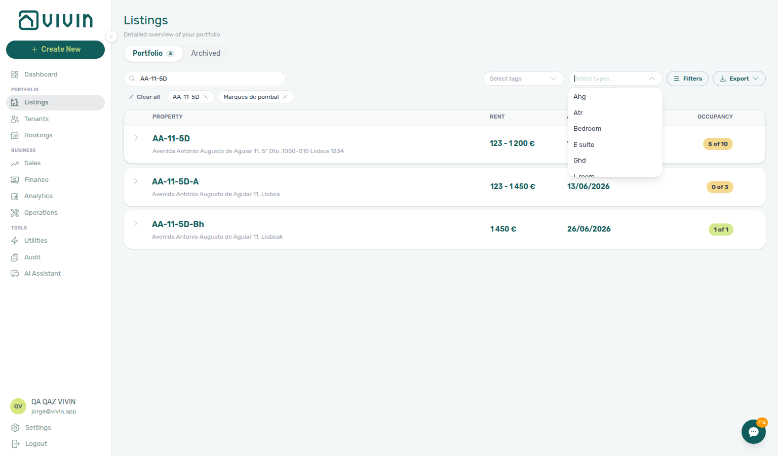 Listings — Select types dropdown open on the portfolio toolbar