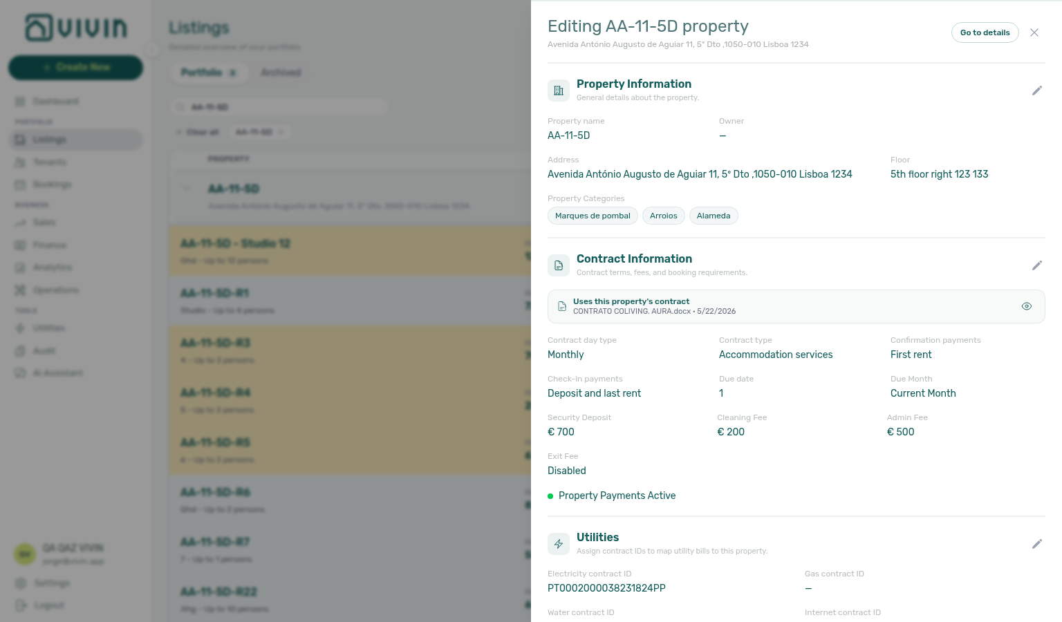 Listings — expanded unit row showing Active booking or Active unavailability in the occupancy column