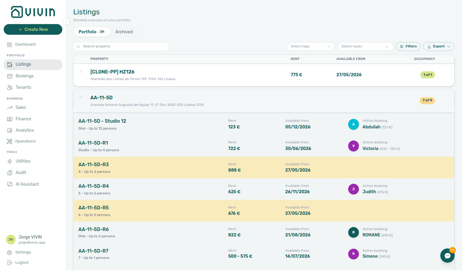 Listings — expanded property with units ordered by internal name (natural numeric sort)