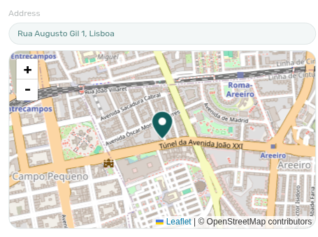 Property edit — Address field with the Exact Location map pin (example Casa Gil I, Lisboa)
