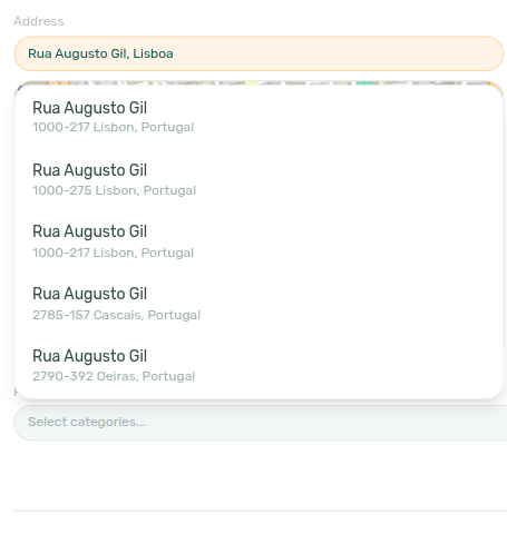 Property edit — Address suggestions open while typing (example Rua Augusto Gil, Lisboa)