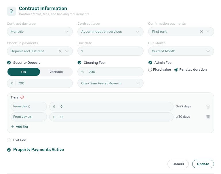 Property Contract Information — Per stay duration mode with tier table (From day, amount, Add tier, and stay-length range labels)