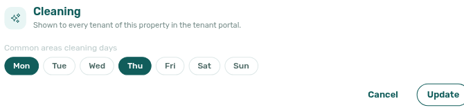 Property edit sidebar — Cleaning edit mode with Mon and Thu weekday chips selected