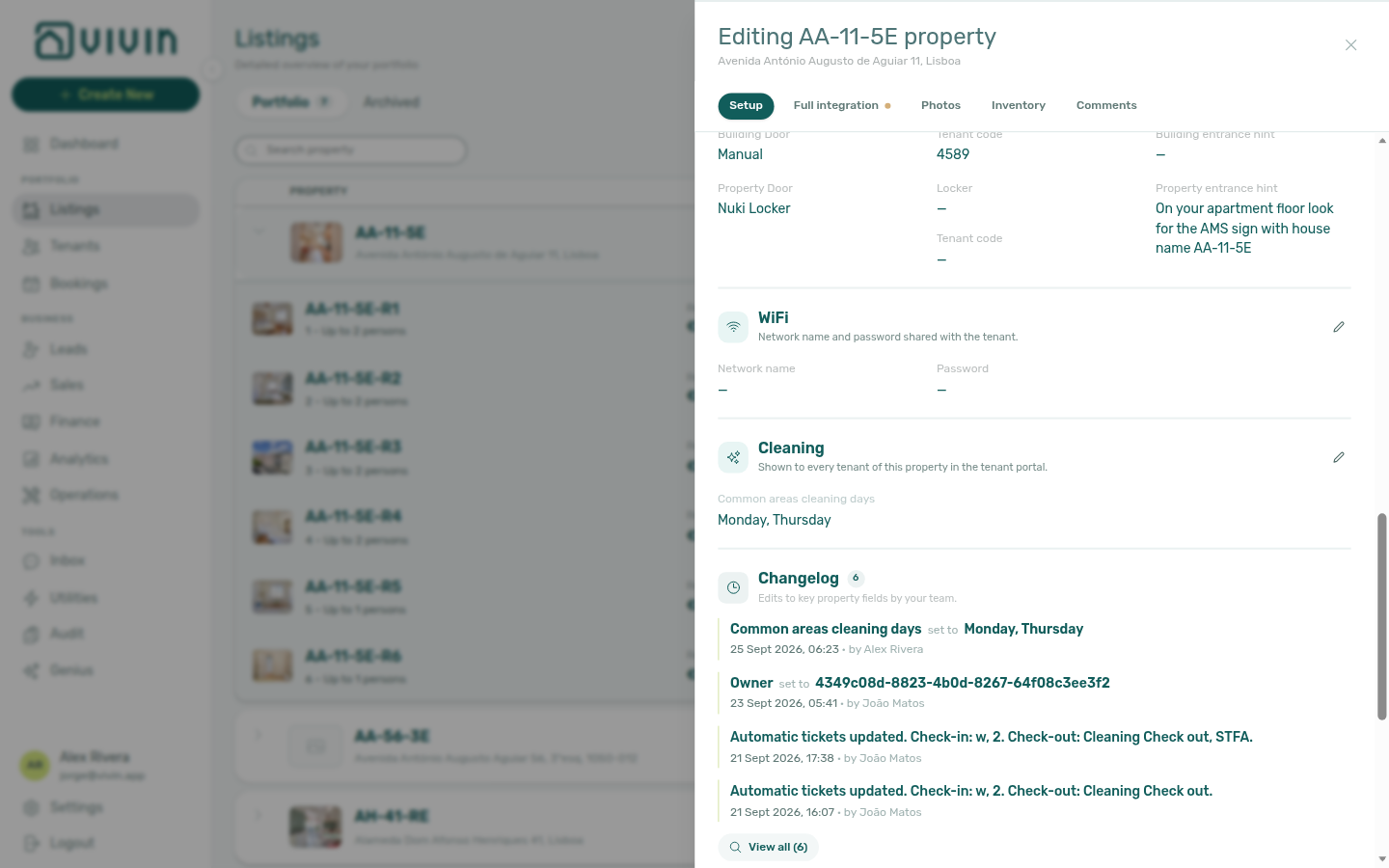 Property edit sidebar — Setup scrolled to Cleaning under WiFi (example AA-11-5E)