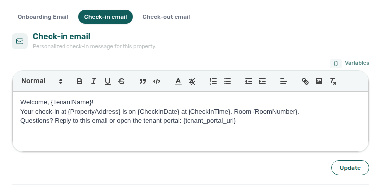 Property Email Customization — Check-in email editor with  Variables control