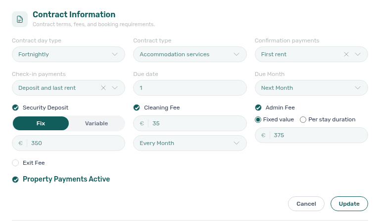 Property Contract Information — confirmation/check-in payments, due date, cleaning fee frequency dropdown, and Property Payments Active