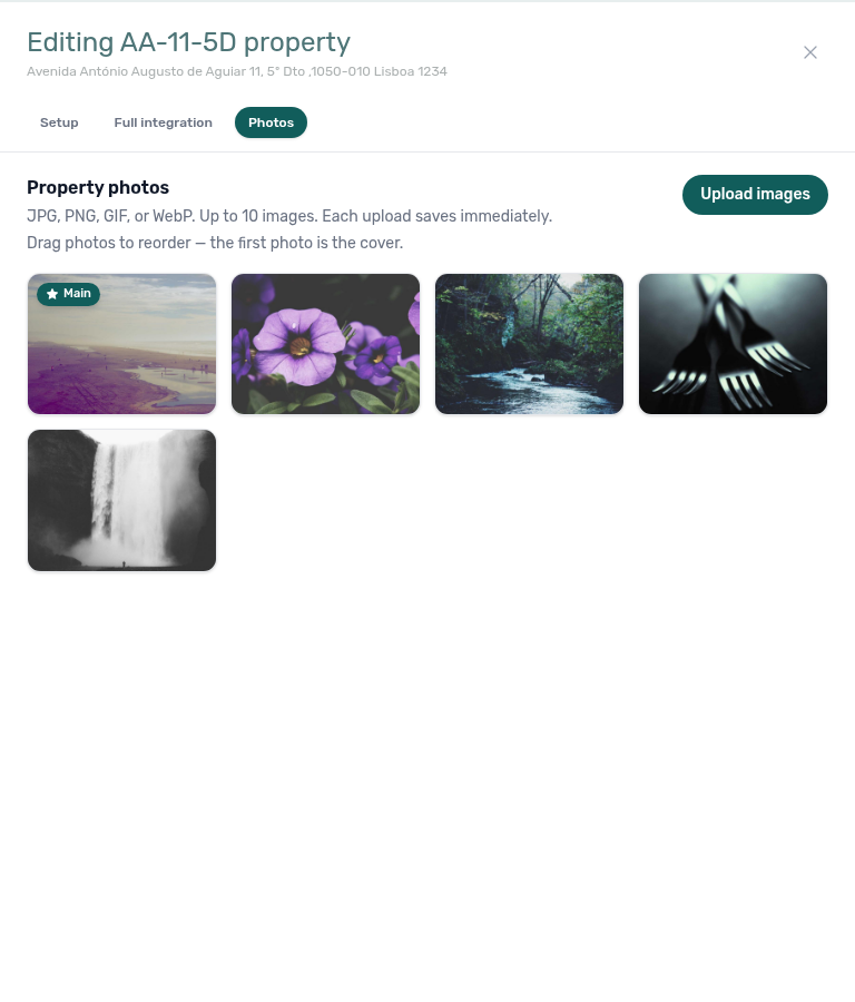 Property edit — Photos pill with Main cover badge and drag-to-reorder gallery (example property AA-11-5D)