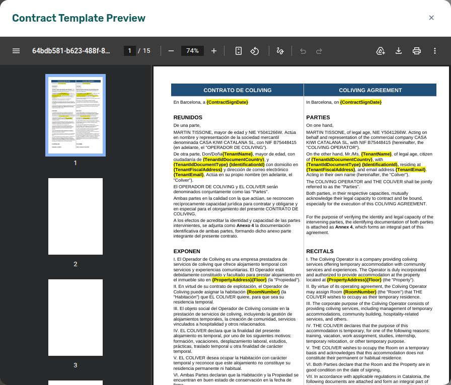Property editor — effective contract PDF preview modal