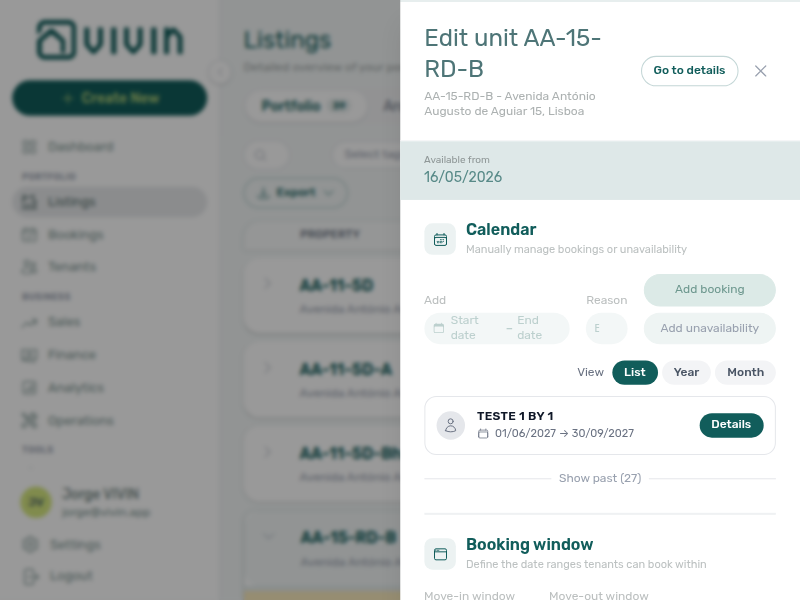 Unit sidebar — Calendar section with date range, Add booking, Add unavailability, and list/month/year views