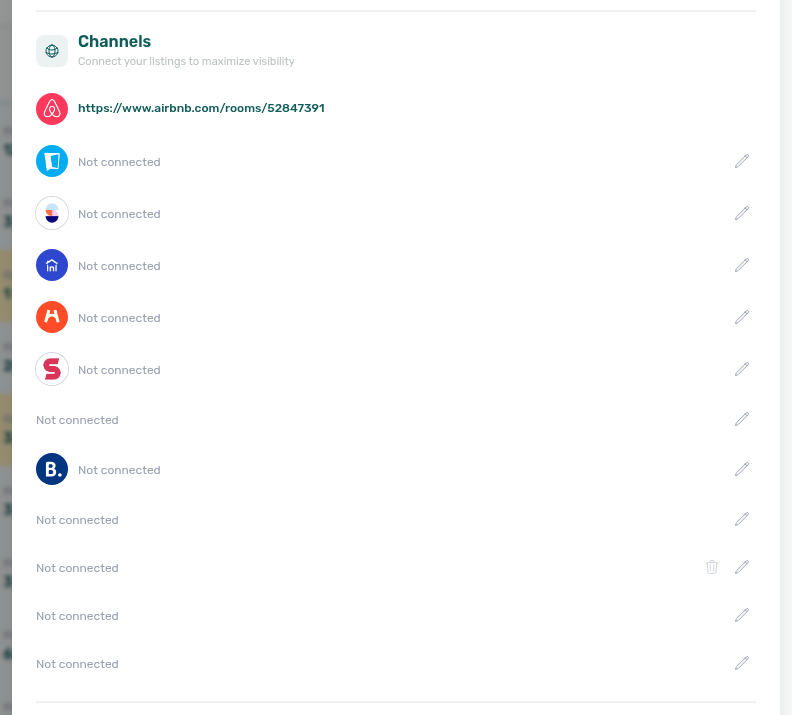 Unit Channels tab — Airbnb row linked via Channex allocate (read-only room URL, no edit/delete)