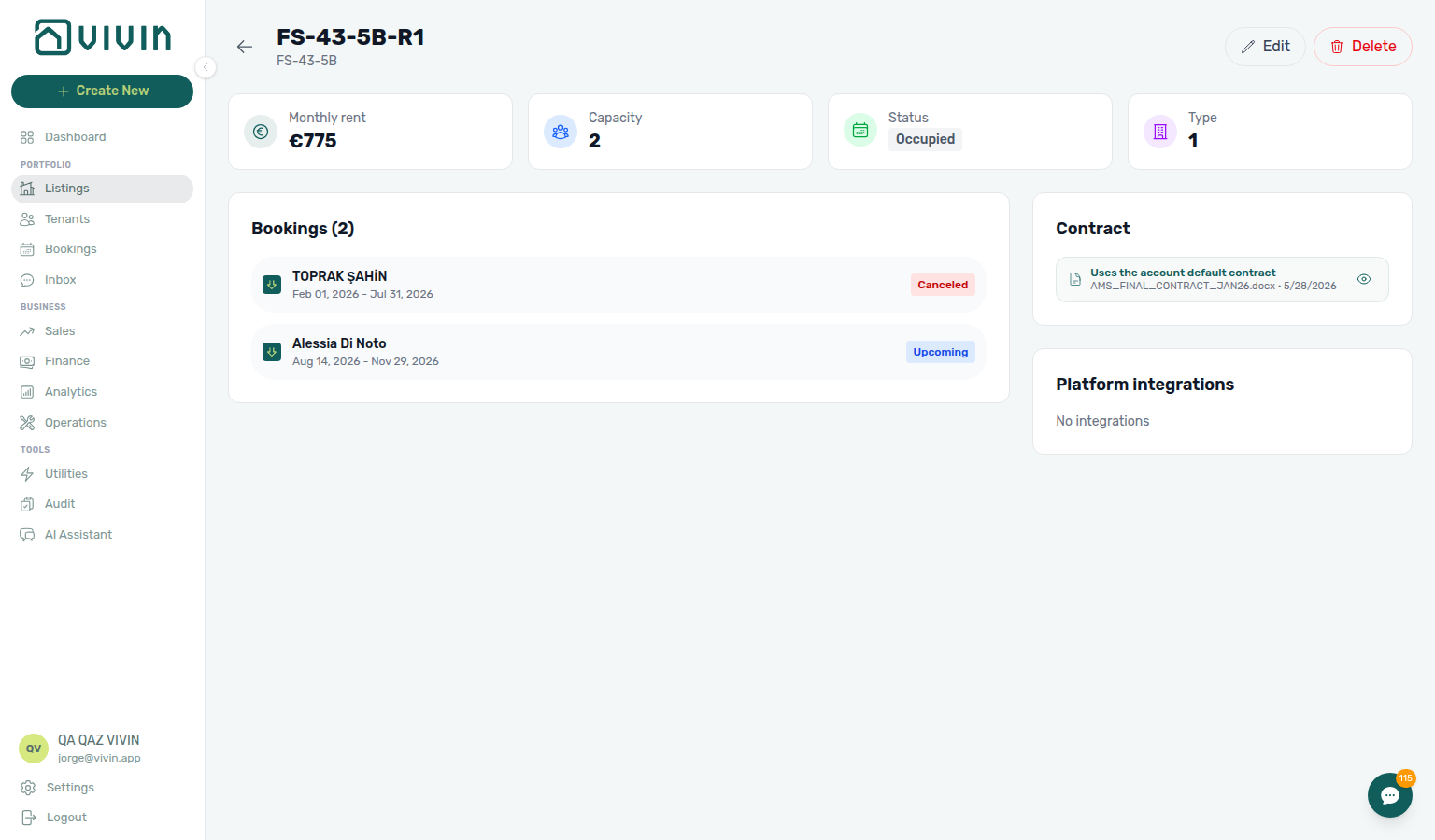 Unit edit sidebar — effective contract card showing account default resolution (example unit FS-43-5B-R1)