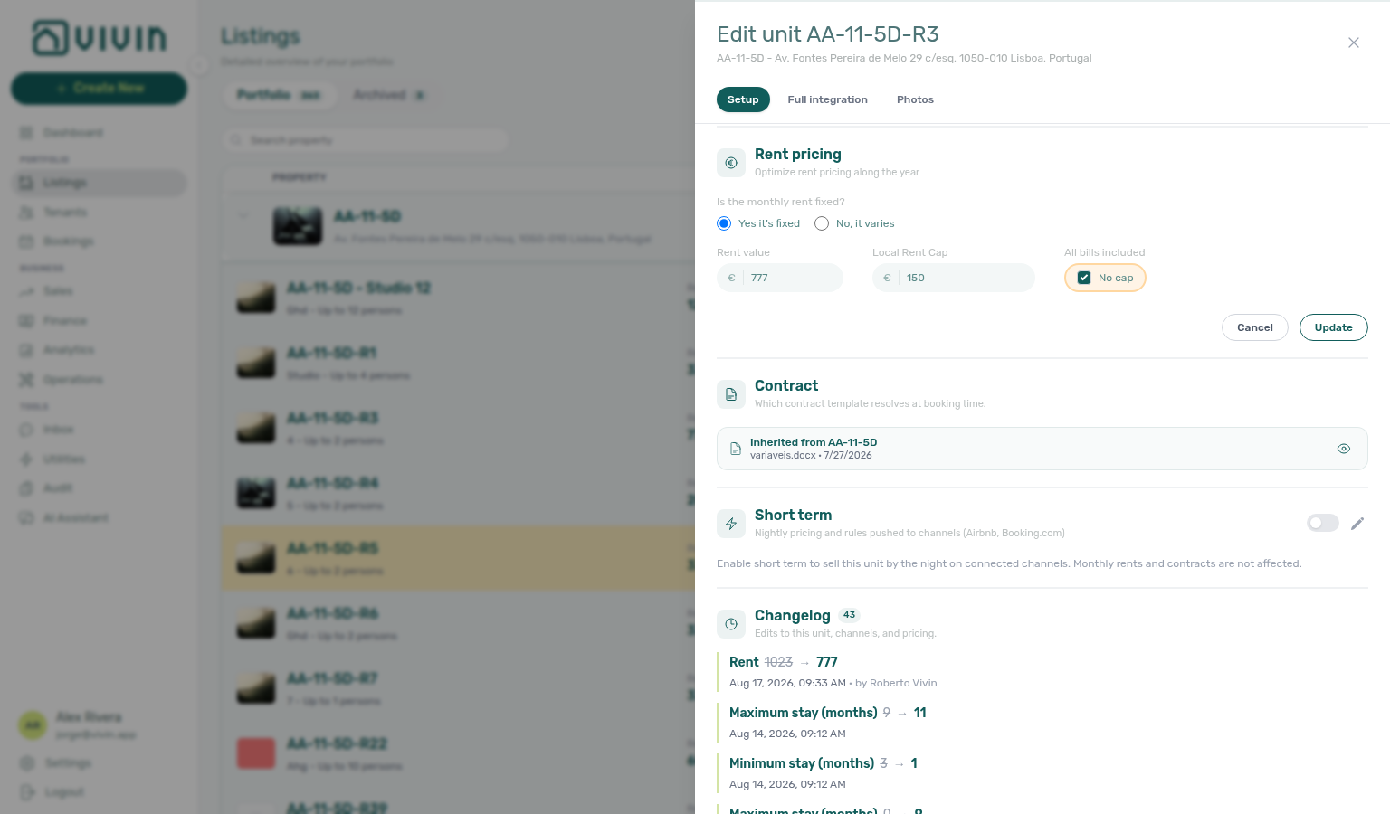 Unit edit sidebar — Rent pricing edit with All bills included No cap ticked (example unit AA-11-5D-R3)