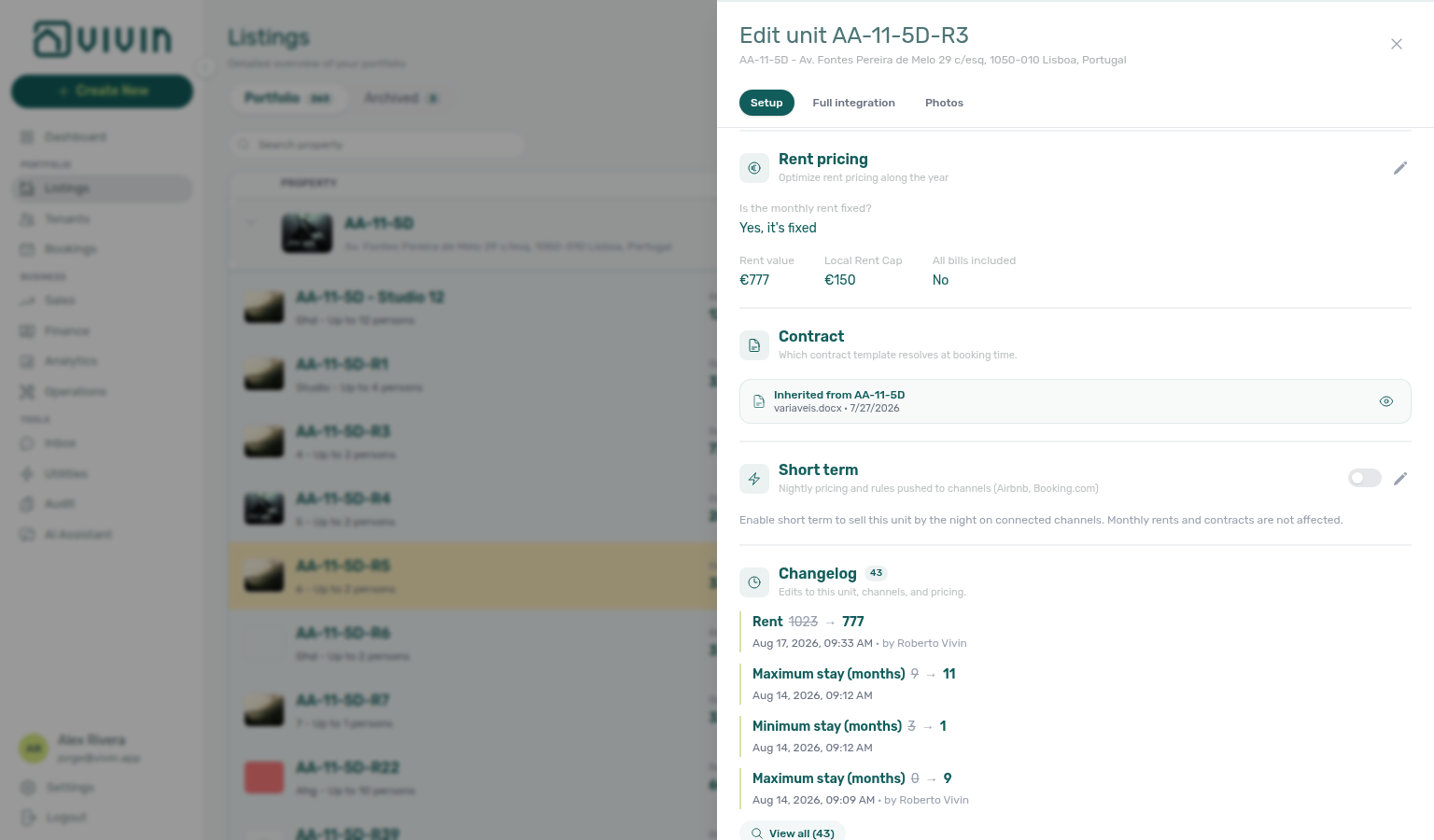 Unit edit sidebar — Rent pricing with All bills included No (example unit AA-11-5D-R3)