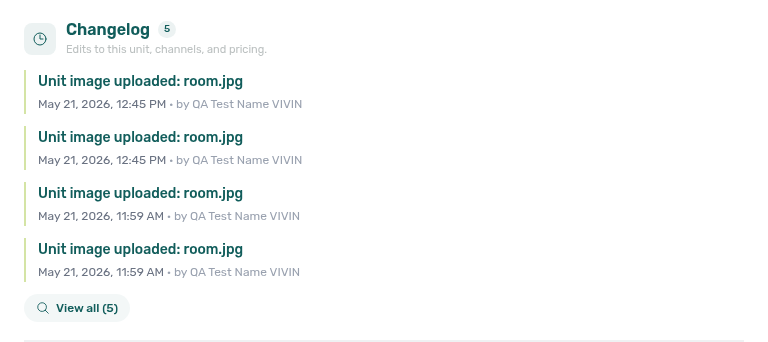 Unit edit sidebar — Change history with listing-scoped field edits, timestamps, and author (example unit FS-43-5B-R1)
