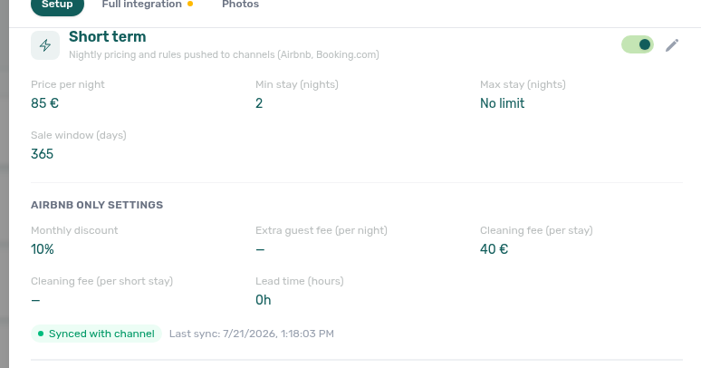 Unit Short term card — common nightly fields above Airbnb only settings (monthly discount, cleaning fee, lead time)