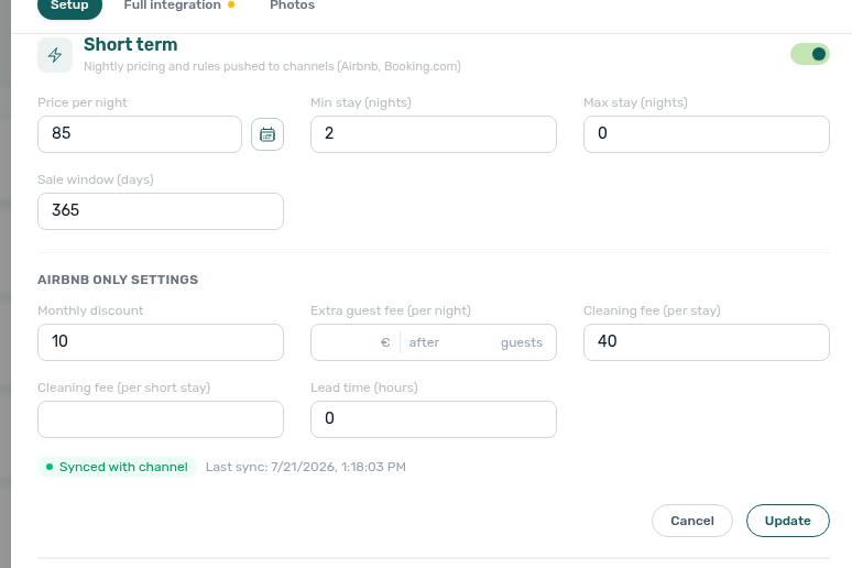 Unit Short term Edit — Airbnb only settings inputs with Cancel and Update