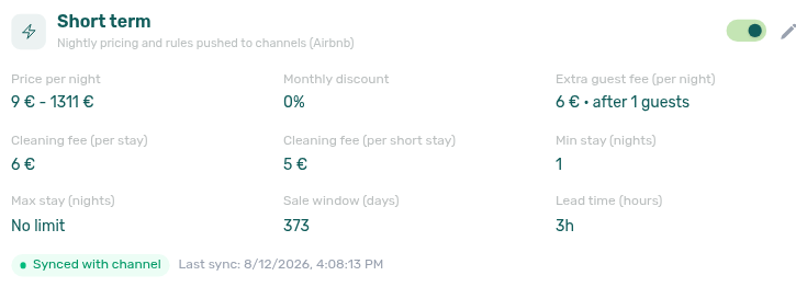 Unit edit sidebar — Short term before an Airbnb fee change lands (cleaning fees 6 € / 5 €, Synced with channel)