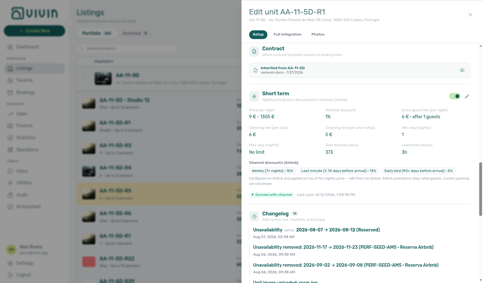 Unit edit sidebar — Short term with Channel discounts (Airbnb) chips (Weekly, Last minute, Early bird)
