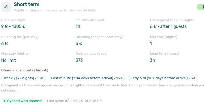 Unit edit sidebar — Short term card Channel discounts (Airbnb) read-only chips