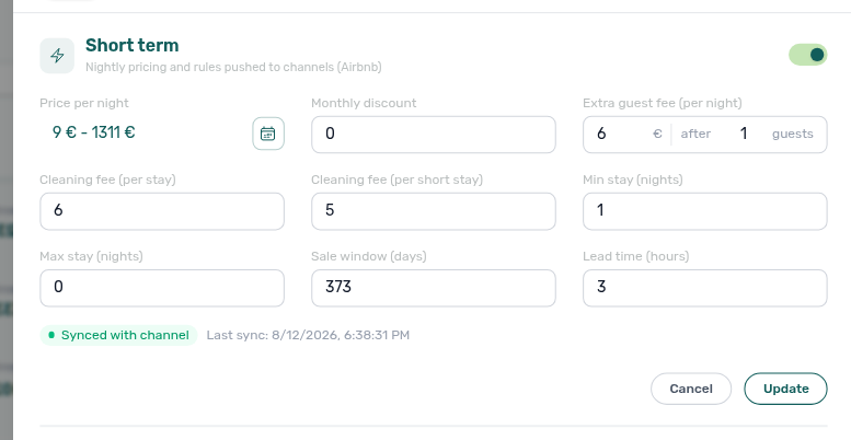 Unit edit sidebar — Short term Edit with dual cleaning fee fields (per stay 6, per short stay 5)