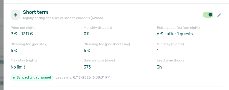 Unit edit sidebar — Short term view with Cleaning fee (per stay) 6 € and Cleaning fee (per short stay) 5 €