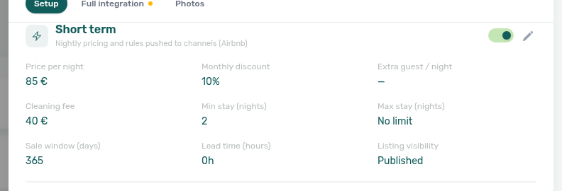 Unit edit sidebar — Short term enabled with nightly rate and stay rules (example unit 101HZ)