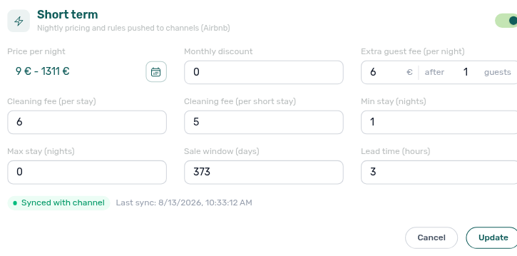 Unit edit sidebar — Short term Edit with Extra guest fee split control (fee € after N guests)