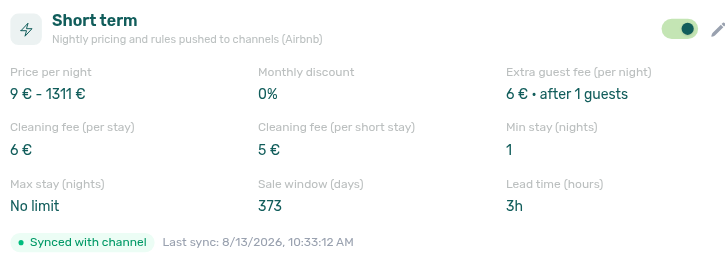 Unit edit sidebar — Short term Extra guest fee view showing 6 € · after 1 guests