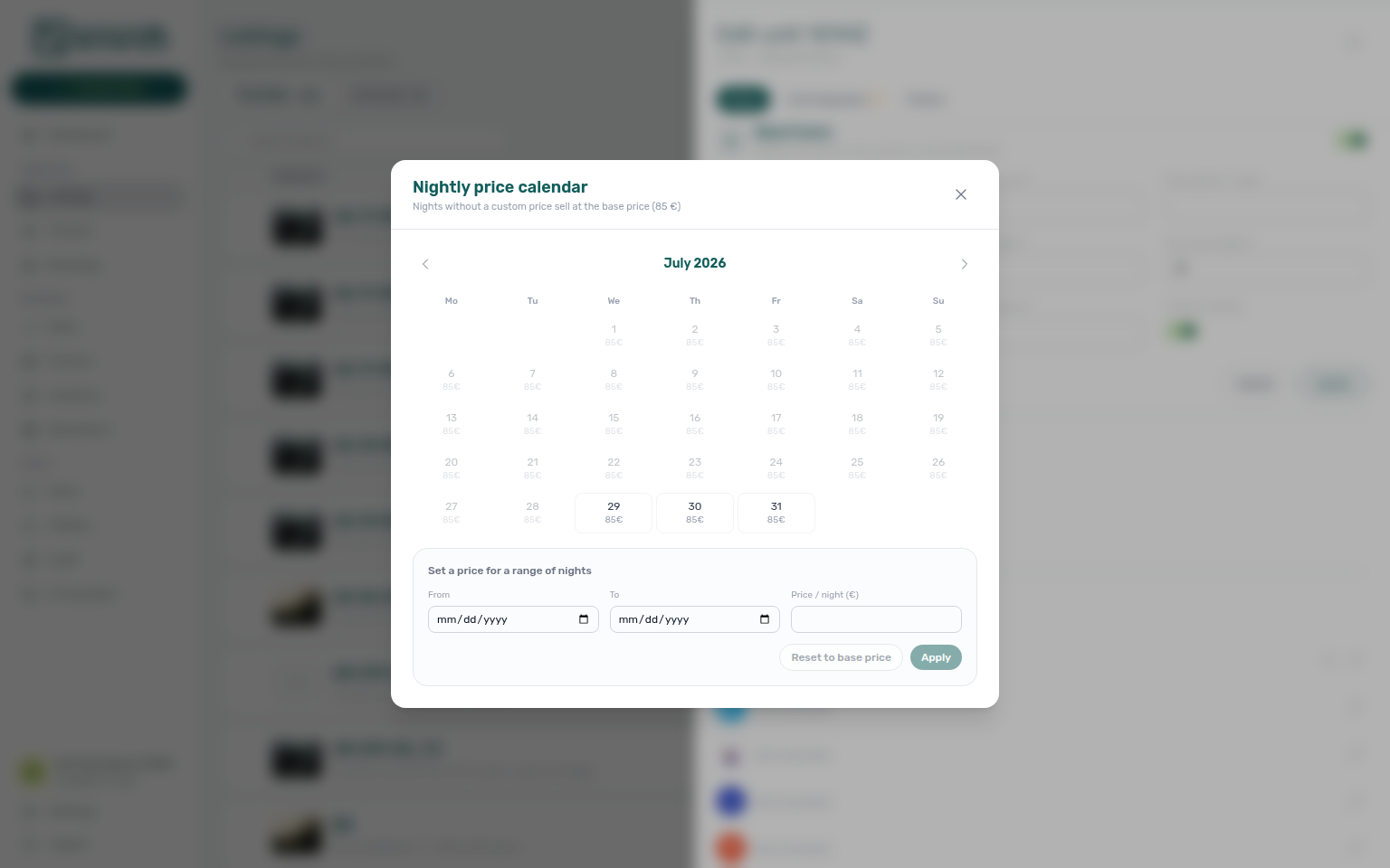 Unit edit sidebar — Nightly price calendar modal for per-night overrides (base 85 €, Cancel without Apply)