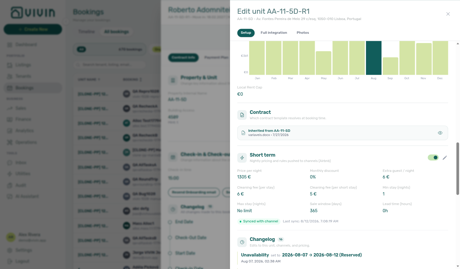 Unit edit sidebar — Short term enabled with nightly rate, per-stay and short-stay cleaning fees, stay rules, and Synced with channel (example unit AA-11-5D-R1)
