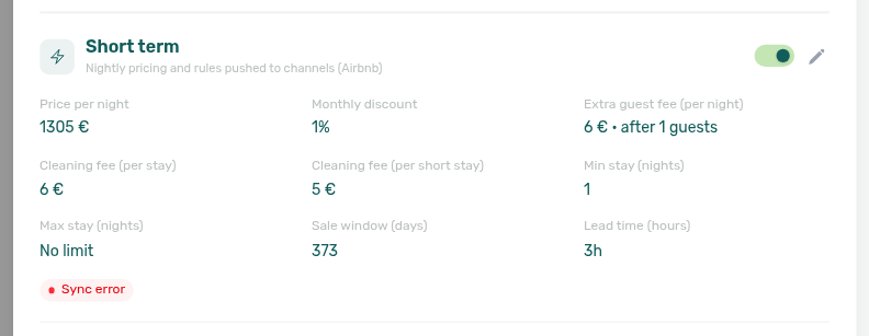 Unit edit sidebar — Short term card with Sync error after a rejected channel push (example unit AA-11-5D-R1)