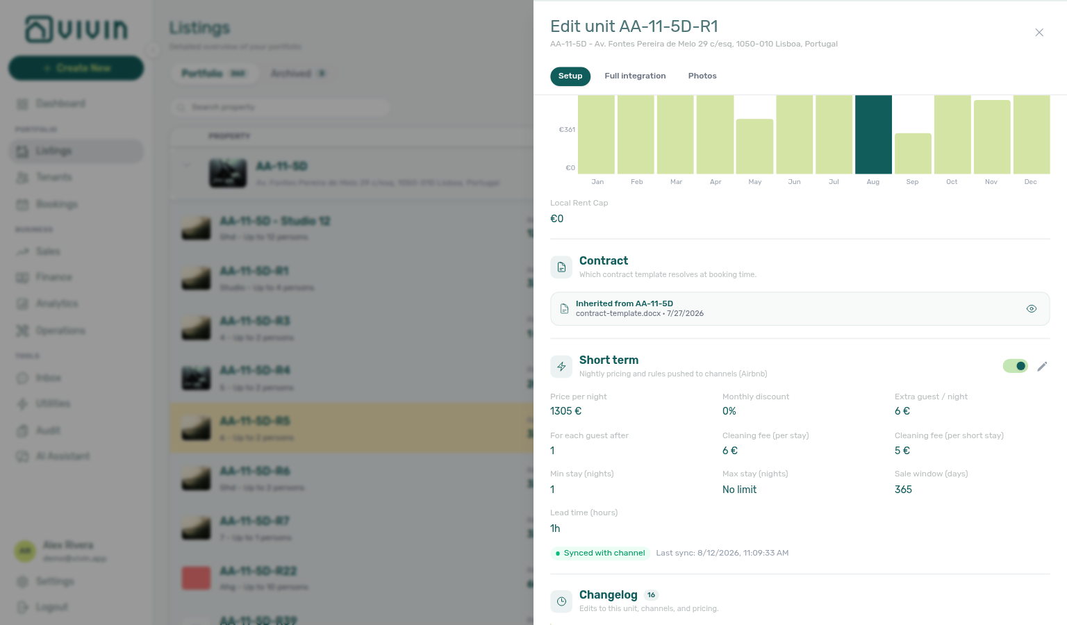 Unit edit sidebar — Short term on Setup with Synced with channel (example unit AA-11-5D-R1)