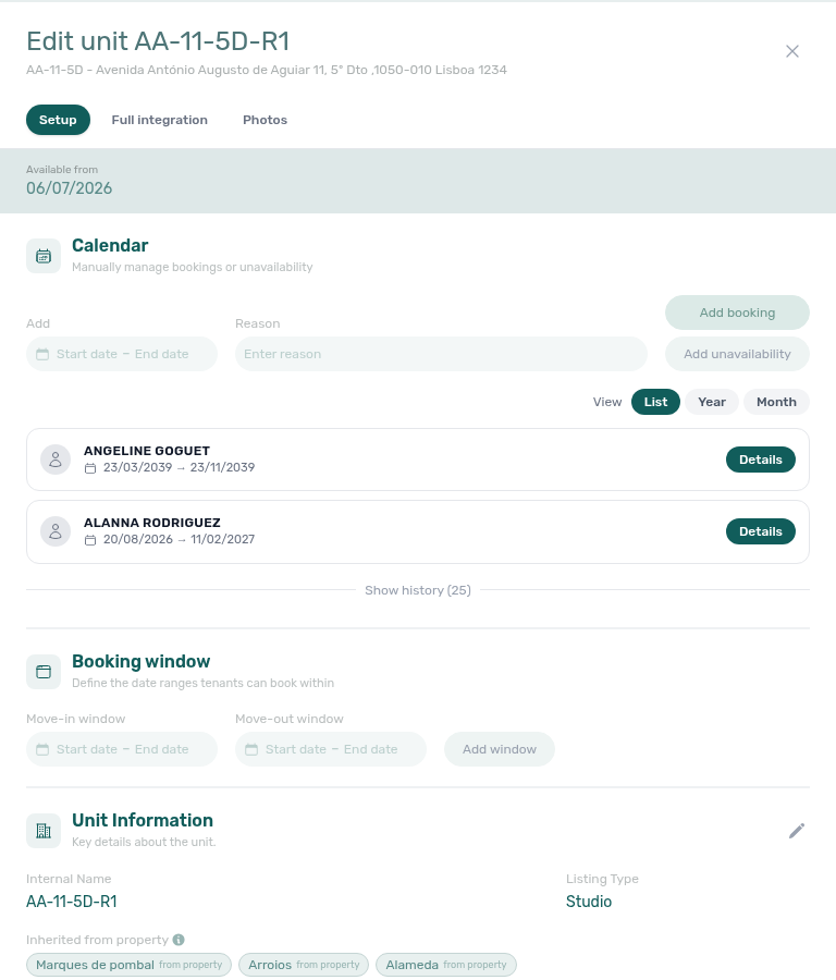 Unit edit sidebar — Setup, Full integration, and Photos pills with Setup selected (example unit AA-11-5D-R1)