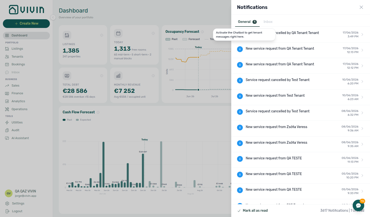 Dashboard bell — disabled Inbox sub-tab when tenant chatbot is off (grey label + upsell tooltip on hover)