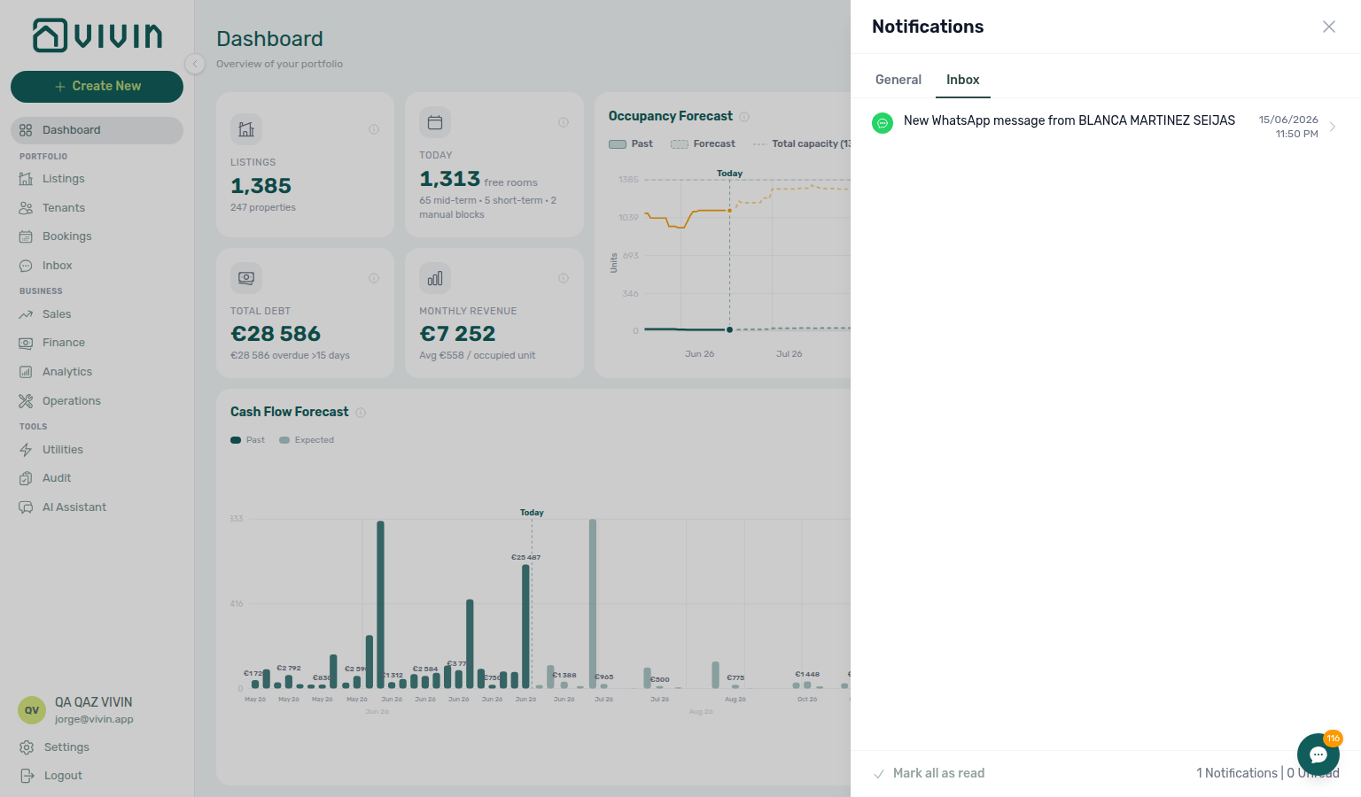 Dashboard bell — Inbox sub-tab with WhatsApp / email channel icons and unread badge on the tab