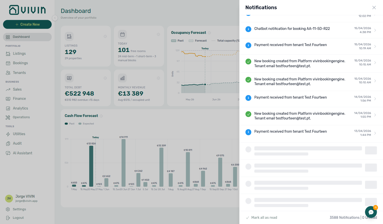Dashboard — notifications bell slide-over scrolled with skeleton rows while the next batch loads